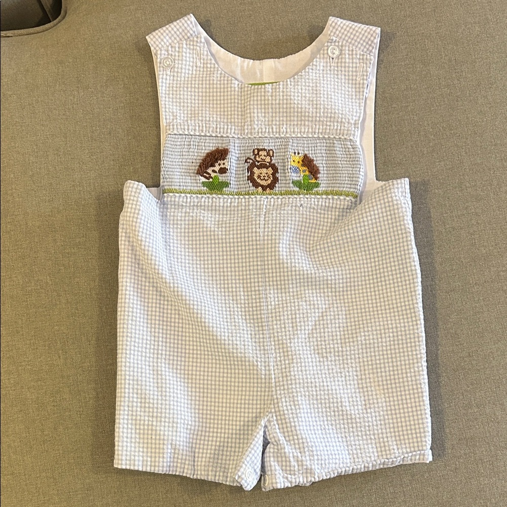 Blue Seersucker Gingham Kids Shortall with animal smocked design